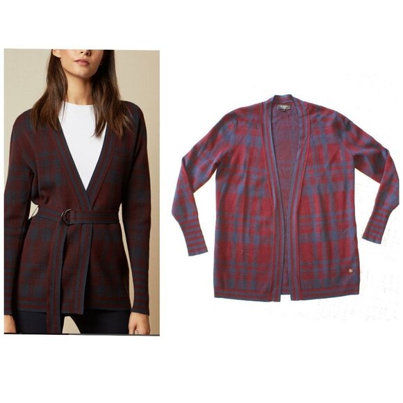 Ted Baker Isslaii Longline cardigan checkered print Size 6 Purple & Blue no belt - Picture 1 of 12